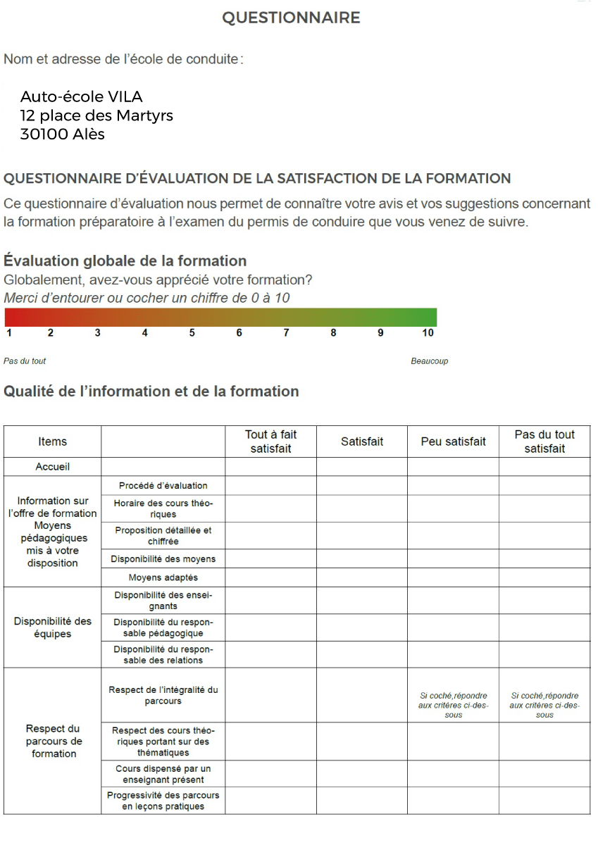 Questionnaire de satisfaction – Auto Ecole Vila
